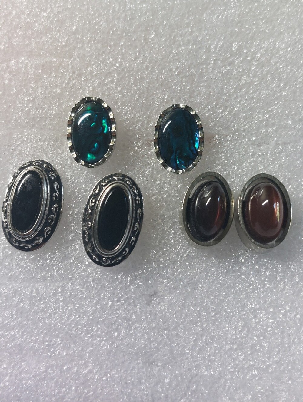 Vintage Estate Silvertone Mens Cufflinks Cabochon Abalone Onyx Style, Lot of 3